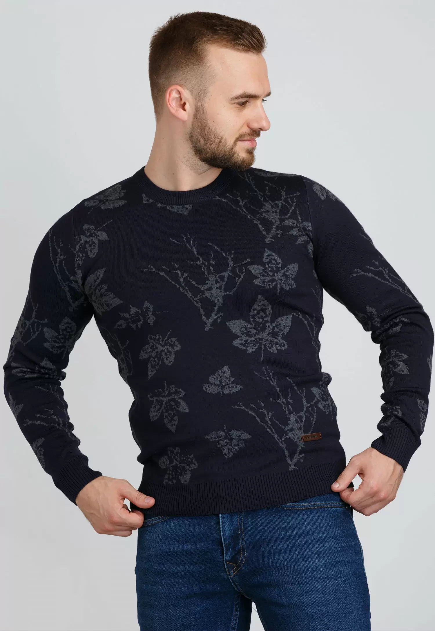 Свитер Trend Collection 004 Синий+серые листья
