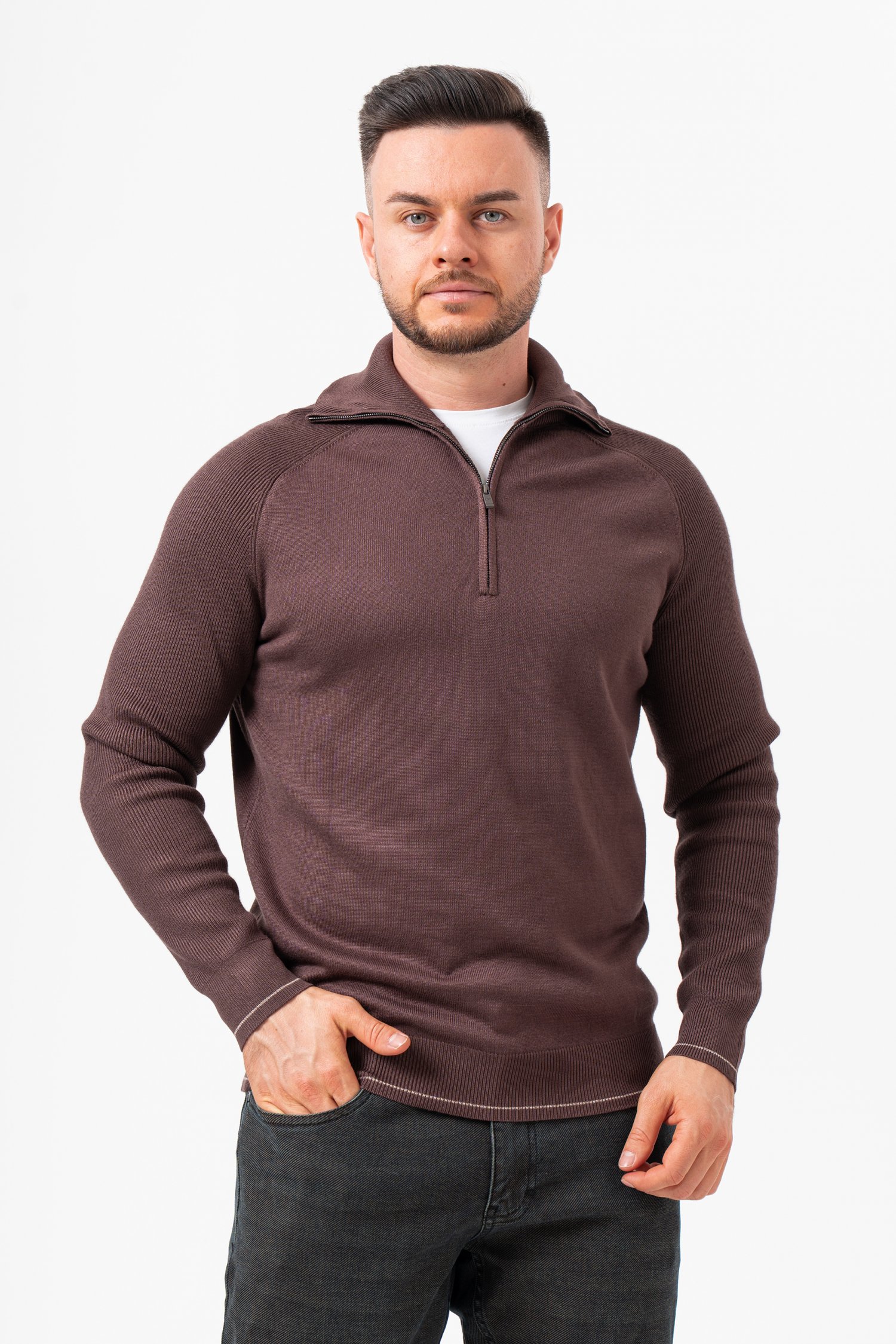 Однотонный гольф на молнии K.O.R 0389 Коричневый (Brown) 979