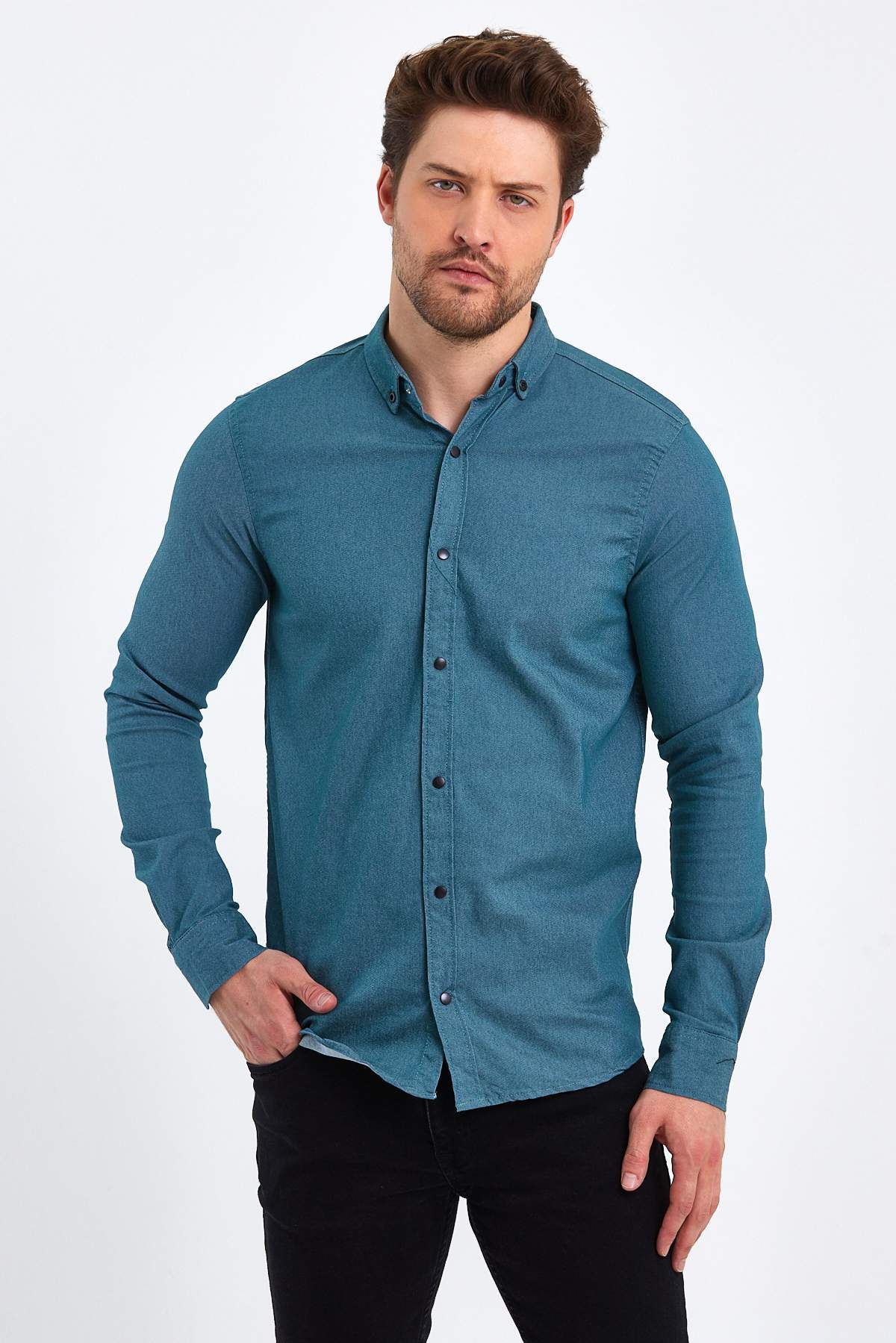 Рубашка джинсовая однотонная Trend Collection 18306-2 Изумрудный (PETROL)