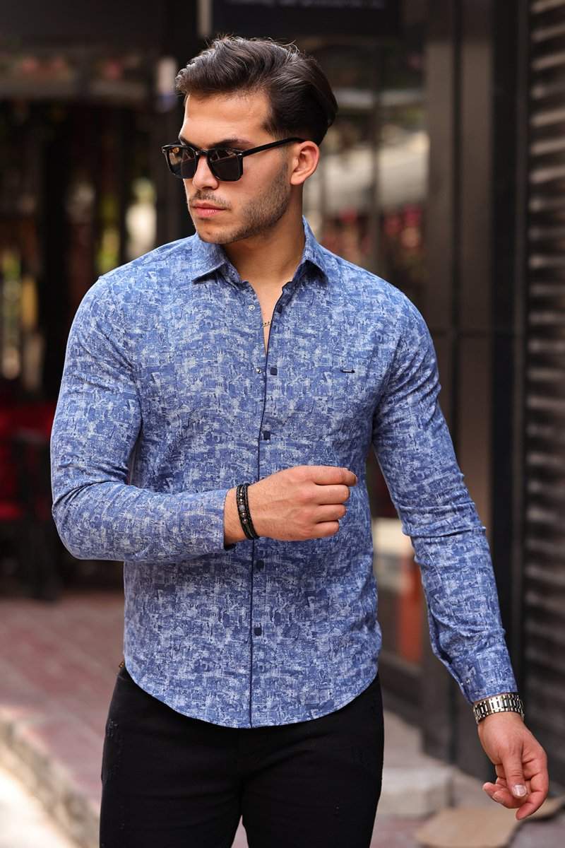 Рубашка Trend Collection 11293 Синяя + белый принт (V06)