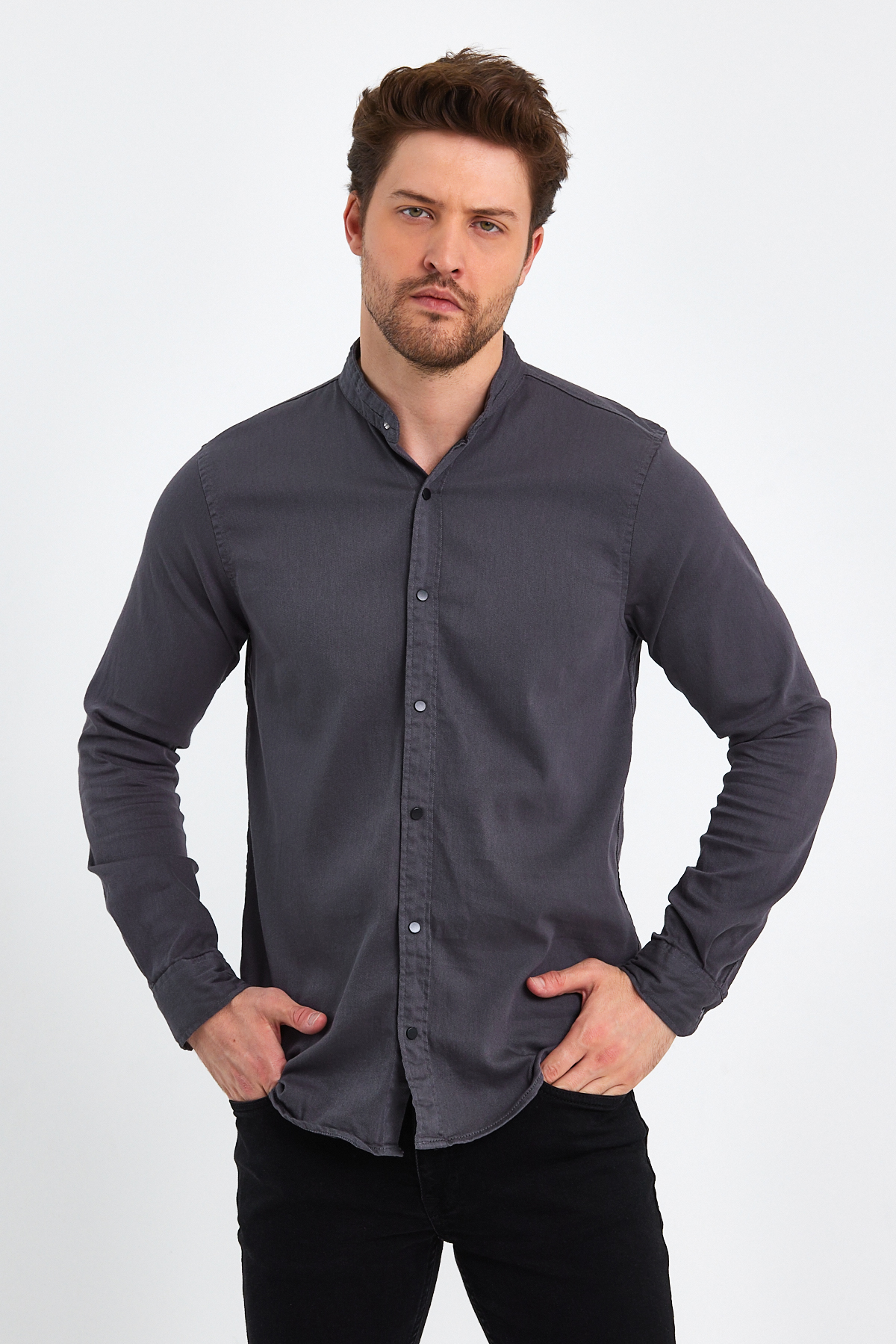 Сорочка джинсова стійка Trend Collection 18307-2 Темно-сірий (KOYU GRI) - Фото 5